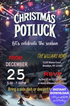 Christmas Potluck Invitation with Cozy Winter Scene and Festive Lights
