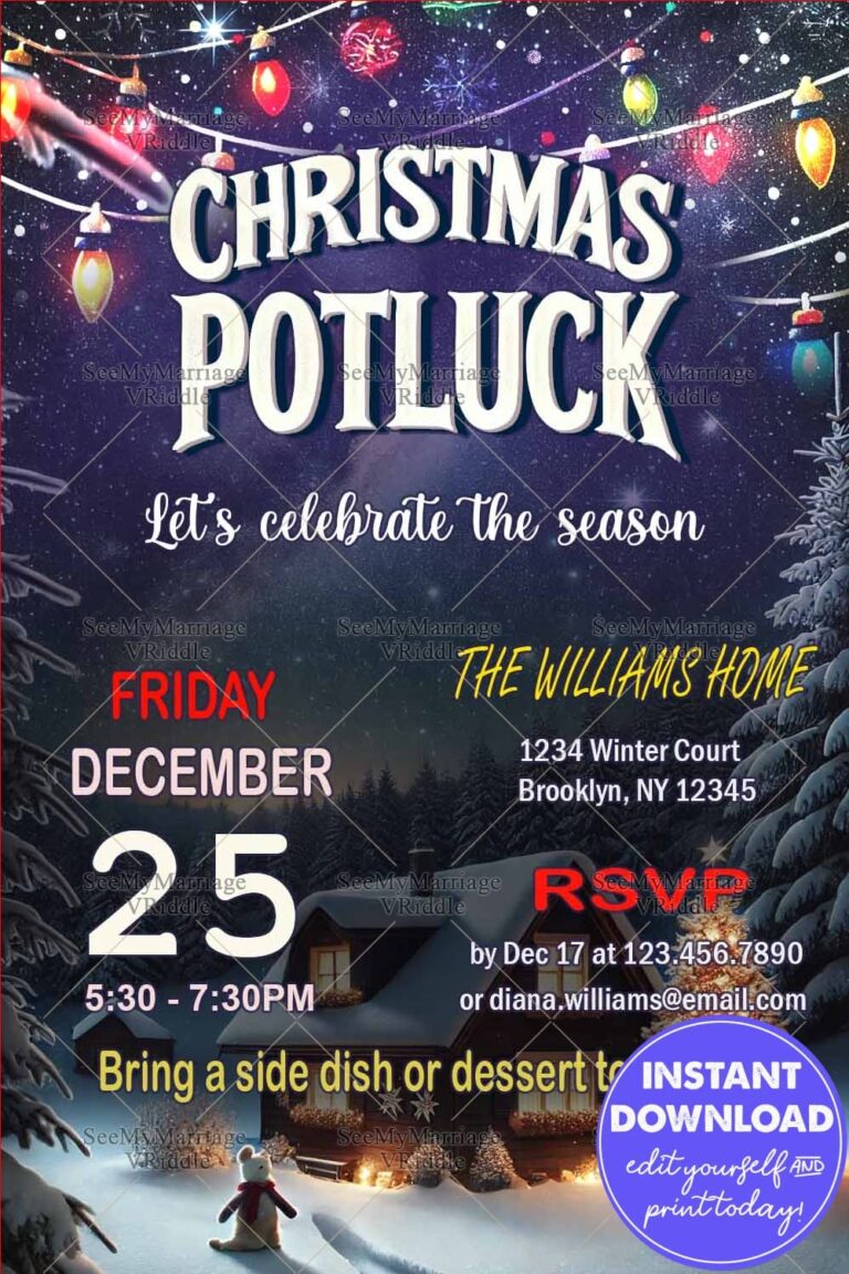 Christmas Potluck Invitation with Cozy Winter Scene and Festive Lights
