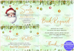 Christmas-Themed Baby Shower Invitation Three Events Suite in Pastel Green with Santa and Festive Decorations