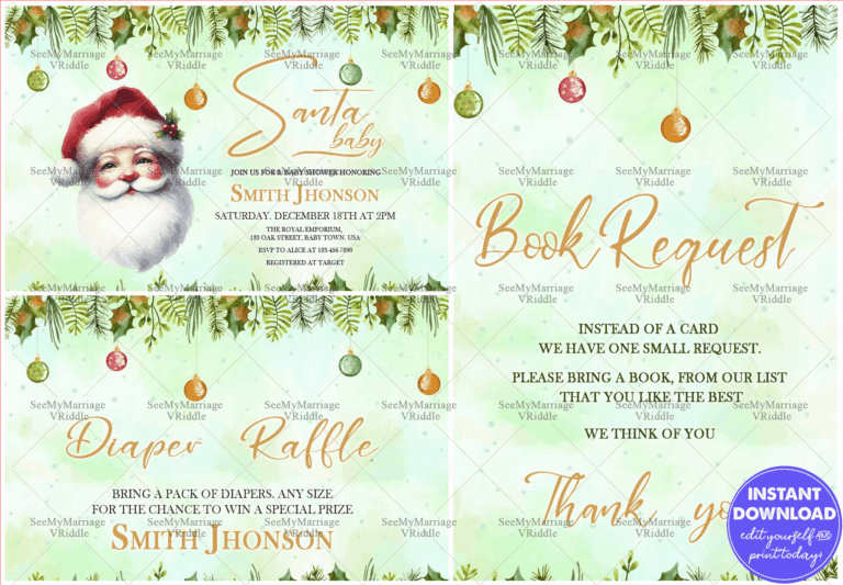 Christmas-Themed Baby Shower Invitation Three Events Suite in Pastel Green with Santa and Festive Decorations