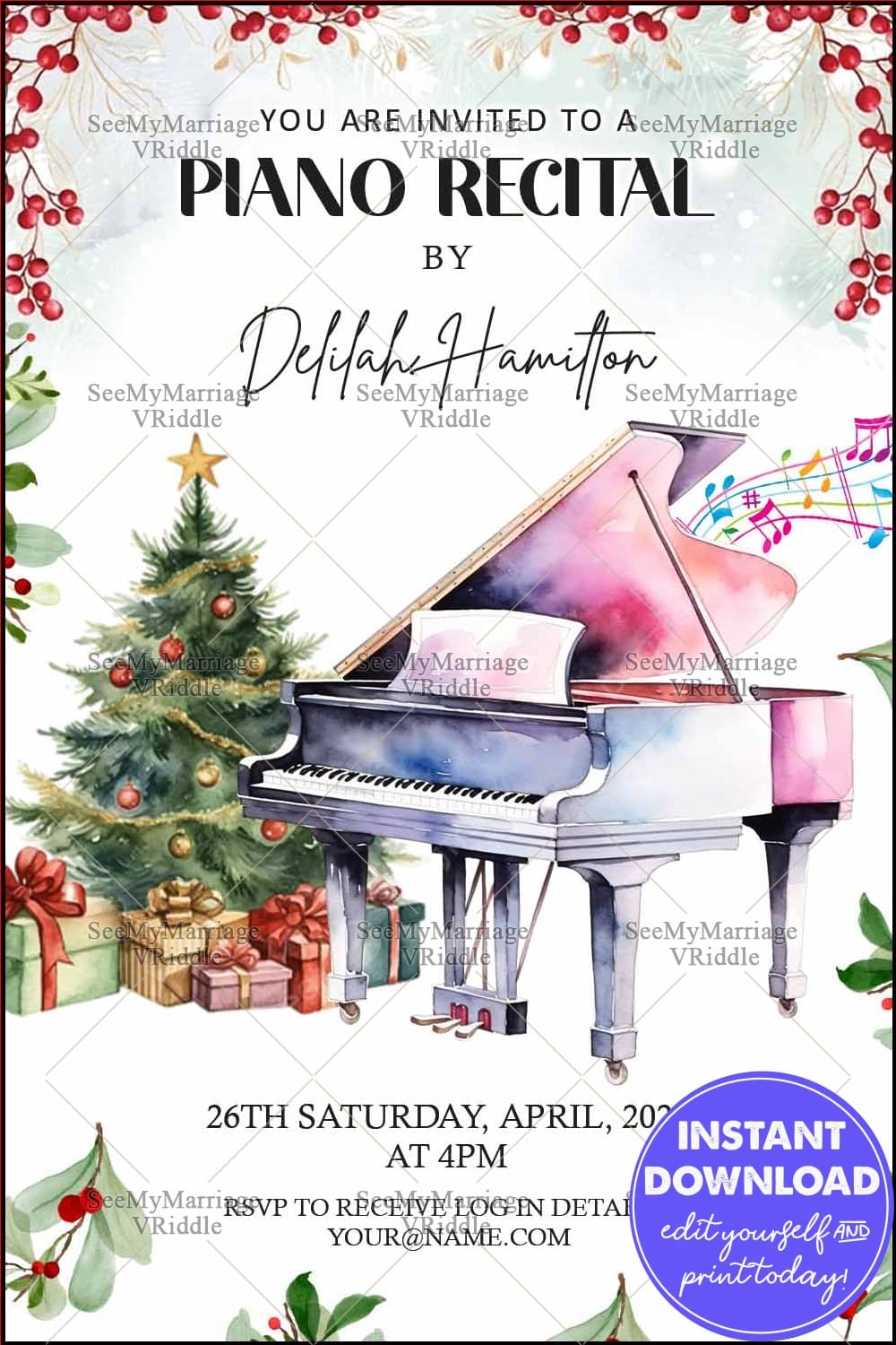 Christmas-Themed Piano Recital Invitation Featuring Watercolour Pastel Grand Piano and Festive Decor