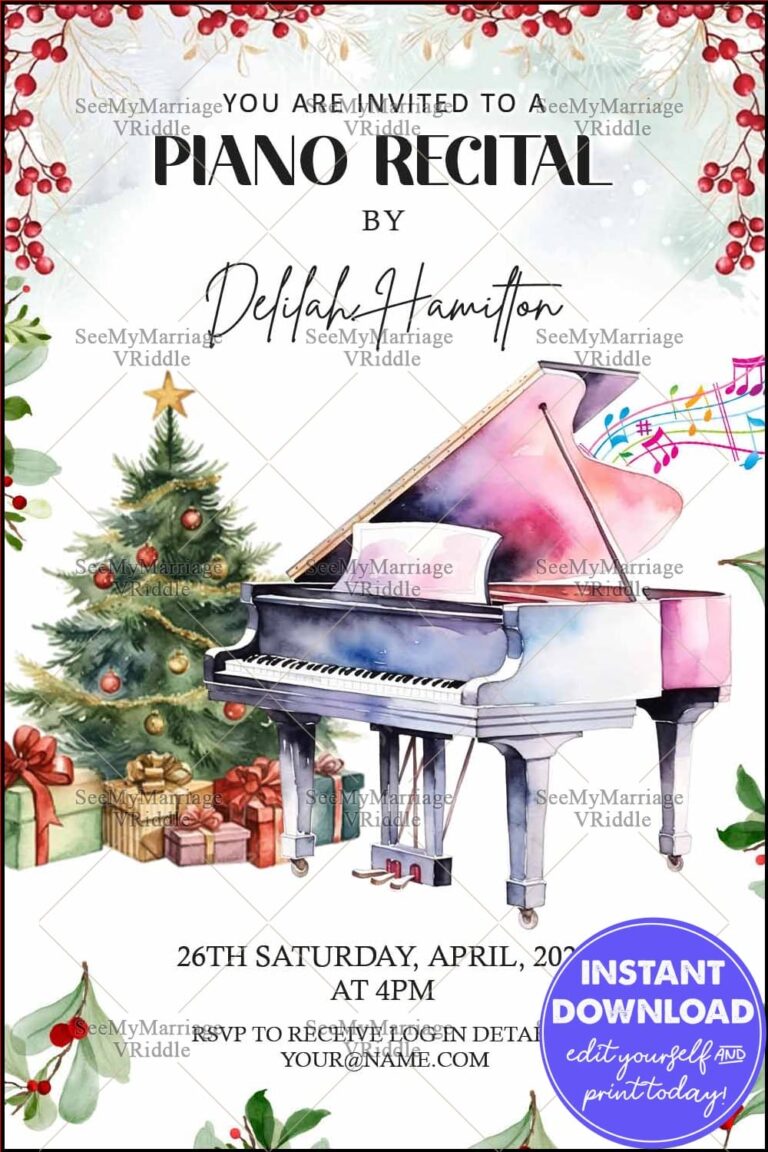 Christmas-Themed Piano Recital Invitation Featuring Watercolour Pastel Grand Piano and Festive Decor
