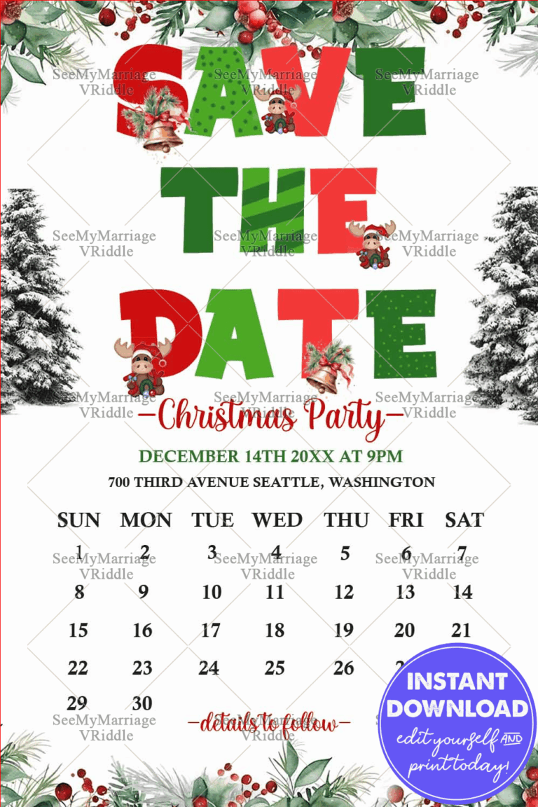 Christmas Themed Save-the-Date Party Invitation with a Calendar Layout Featuring Snowy Trees and Christmas Decorations
