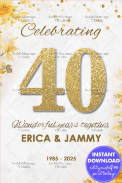 Classic 40th Wedding Anniversary Poster with Elegant Floral Details and Gold Touches