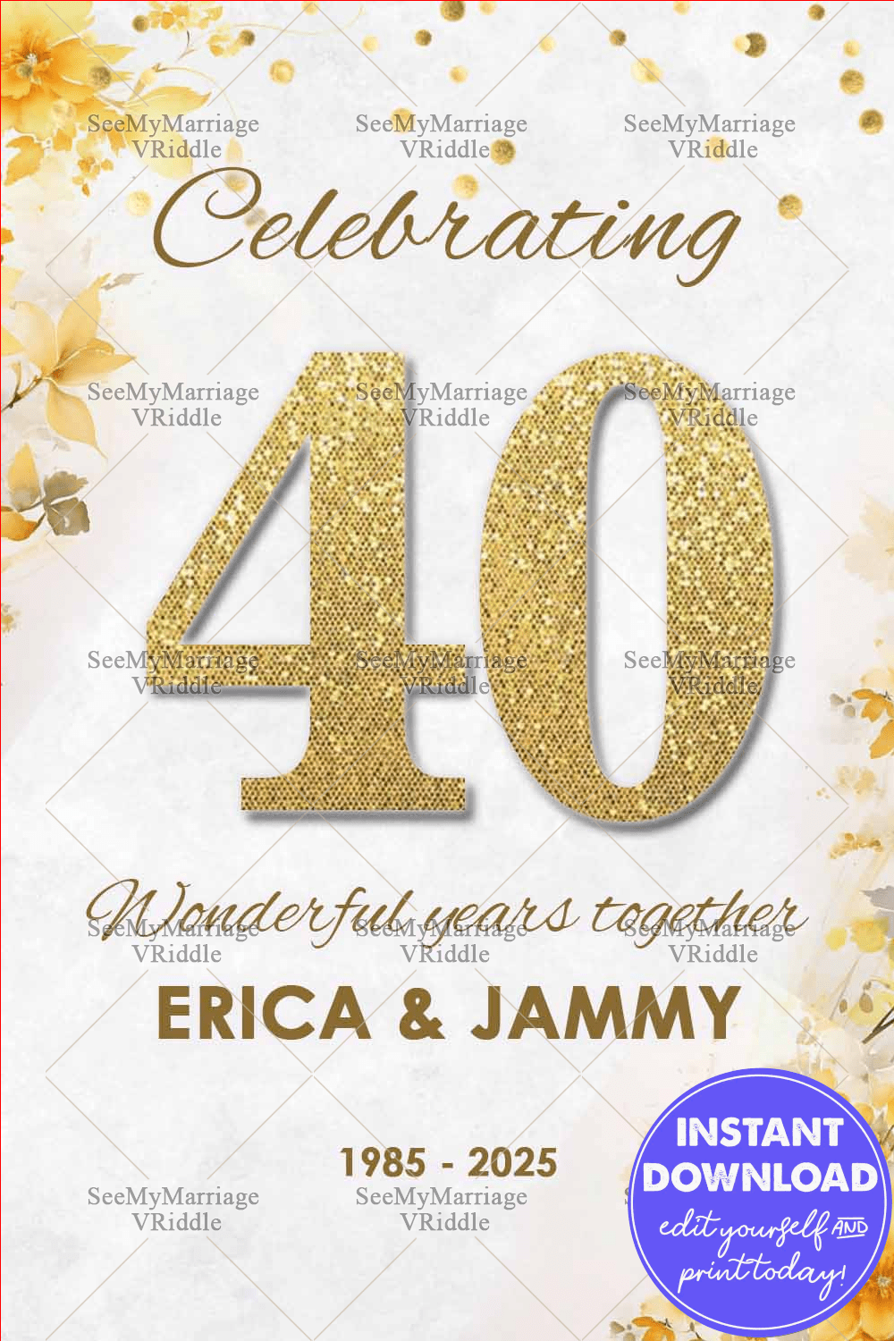 Classic 40th Wedding Anniversary Poster with Elegant Floral Details and Gold Touches