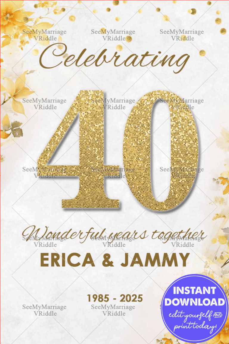 Classic 40th Wedding Anniversary Poster with Elegant Floral Details and Gold Touches