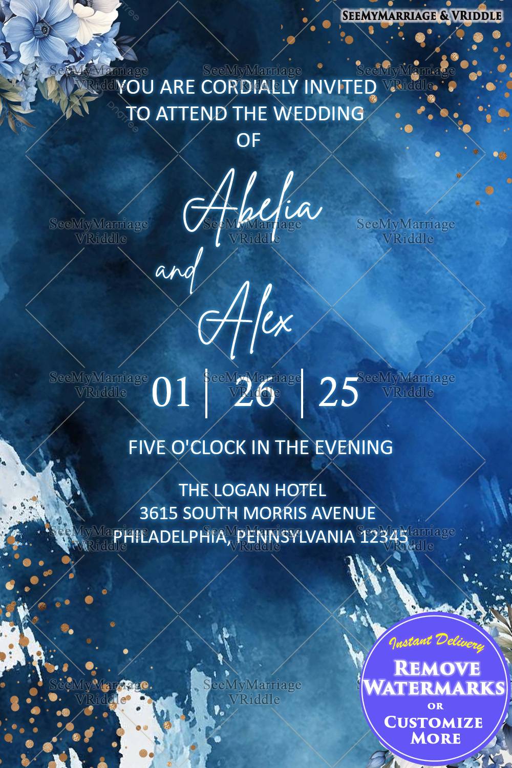 Classic Midnight Blue Wedding Invitation with Floral Blue and Gold Accent