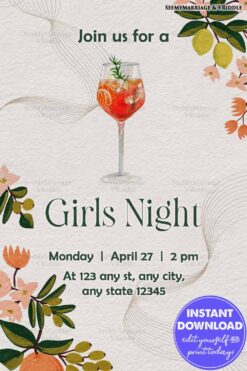 Cocktail-Themed Girls' Night Invitation with Drink Illustration Minimal Floral Design