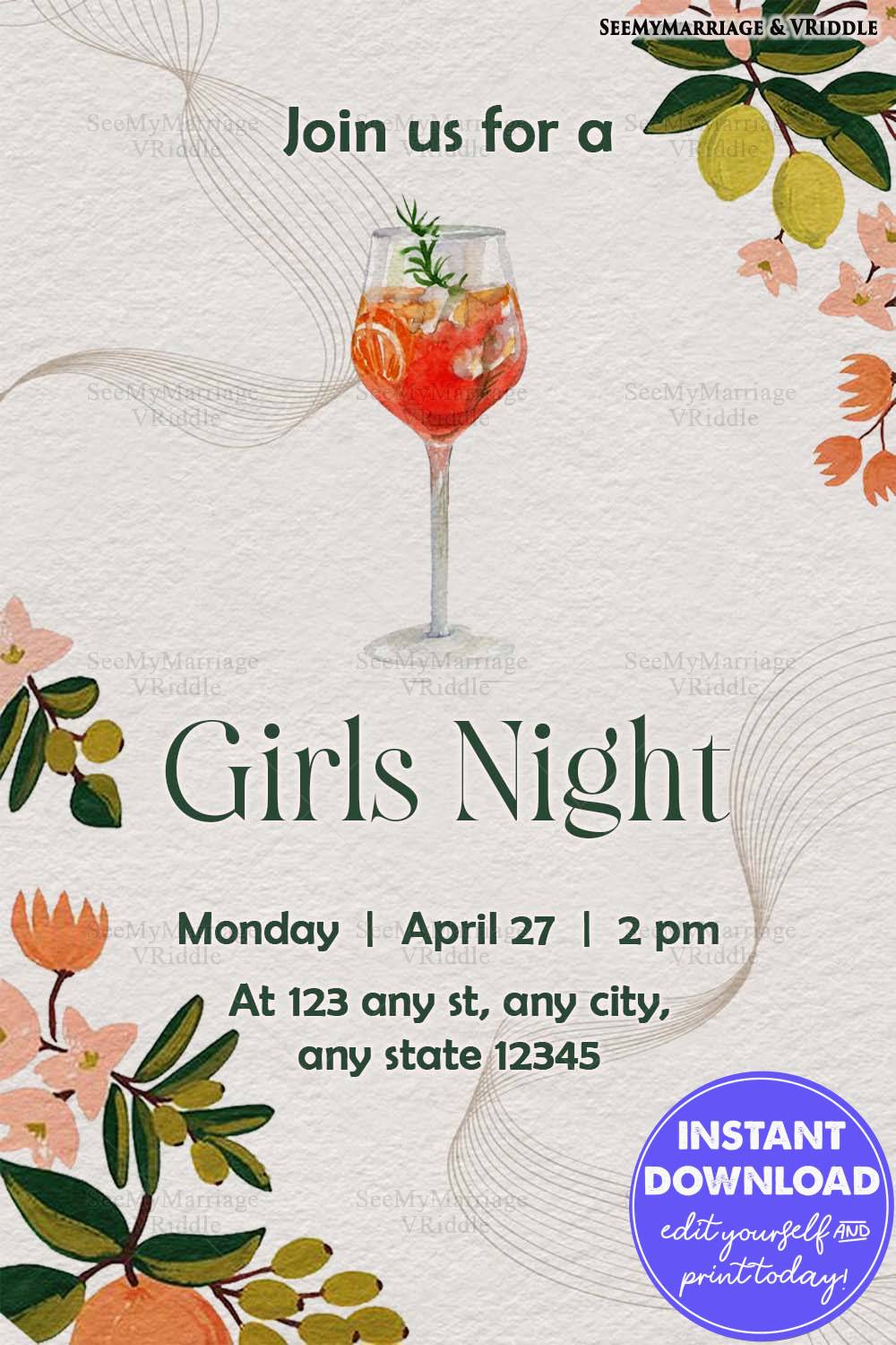 Cocktail-Themed Girls' Night Invitation with Drink Illustration Minimal Floral Design