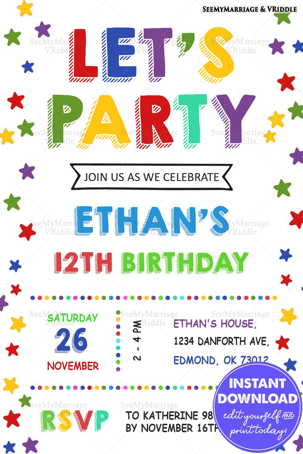 Colorful 12th Birthday Party Invitation with Stars and Bold Rainbow Typography