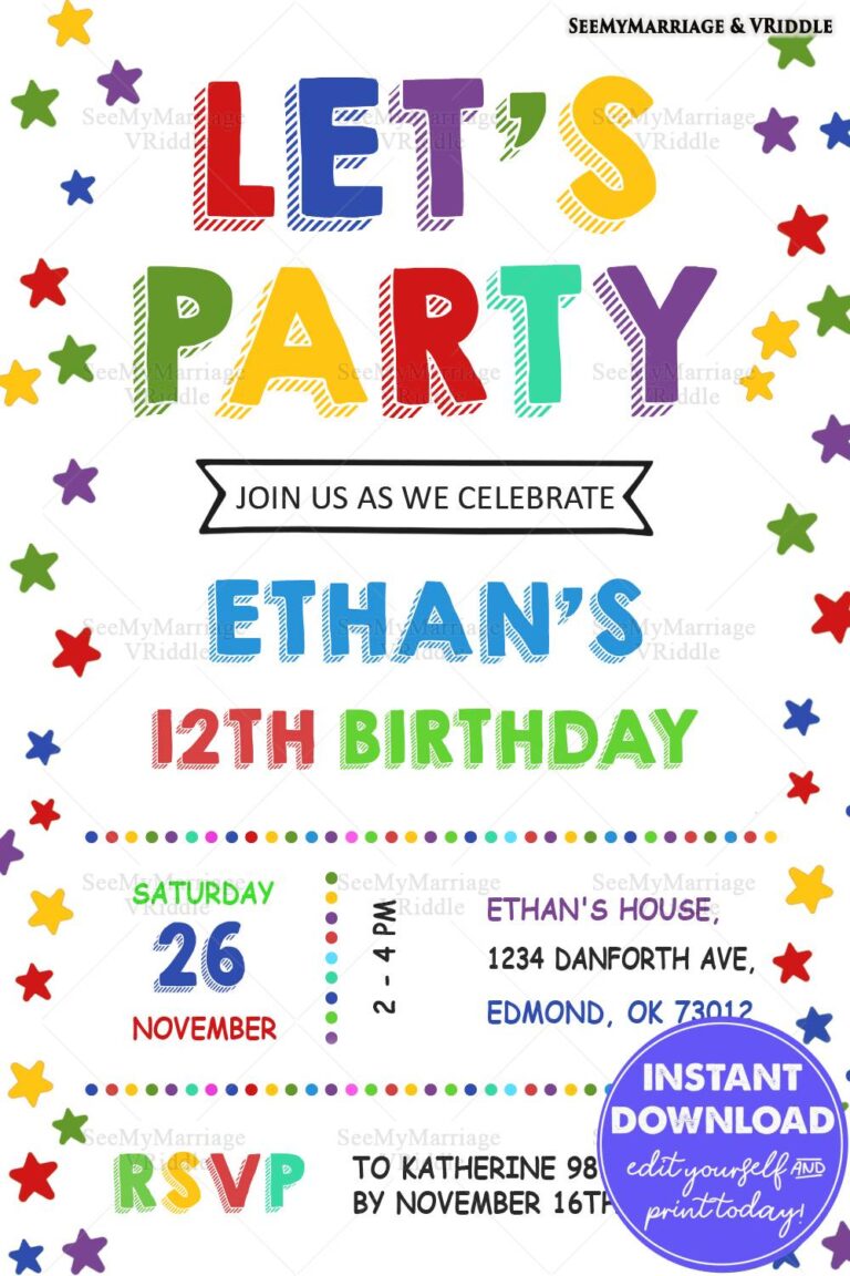 Colorful 12th Birthday Party Invitation with Stars and Bold Rainbow Typography