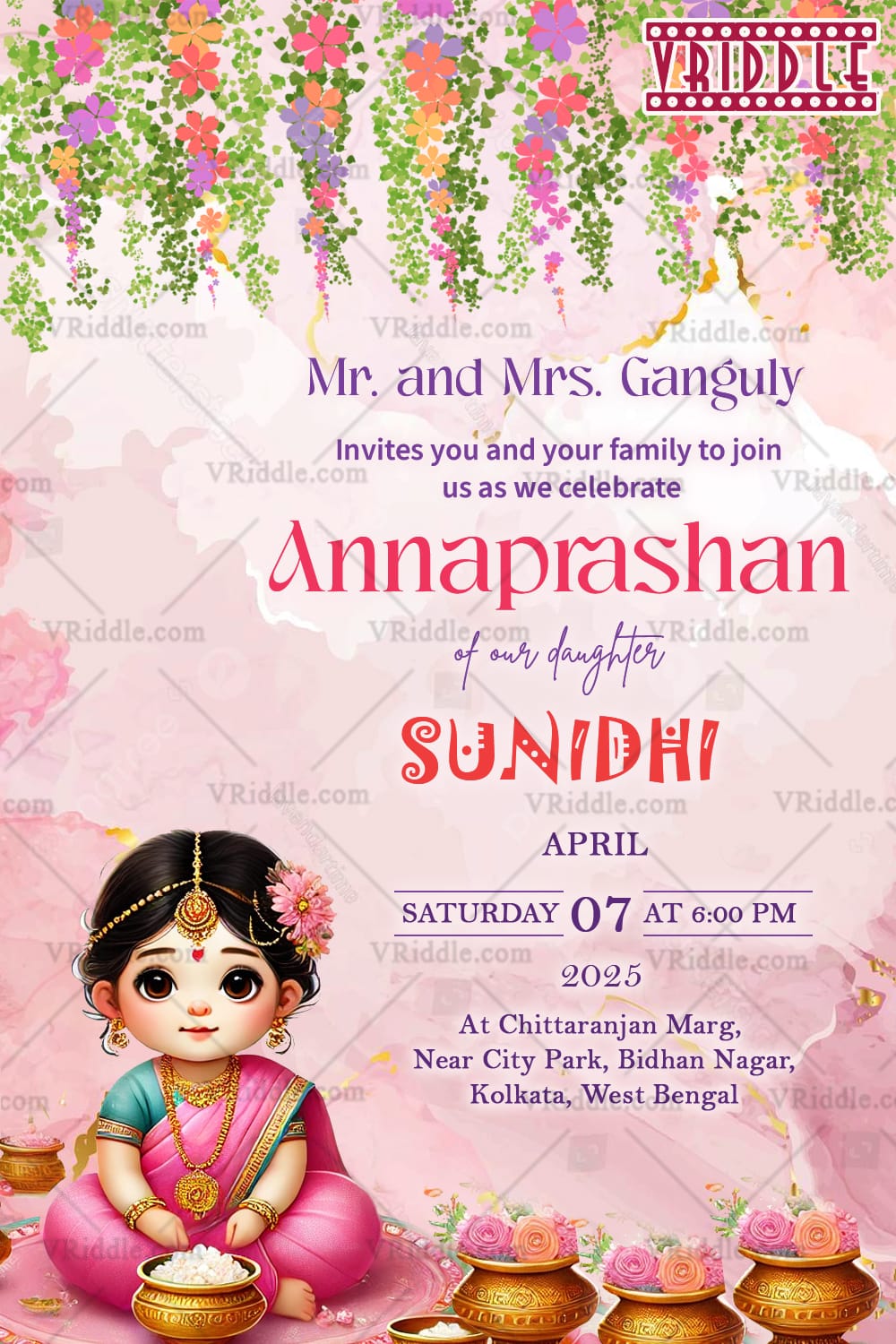 Colorful Annaprashan Invitation with Baby Girl Illustration