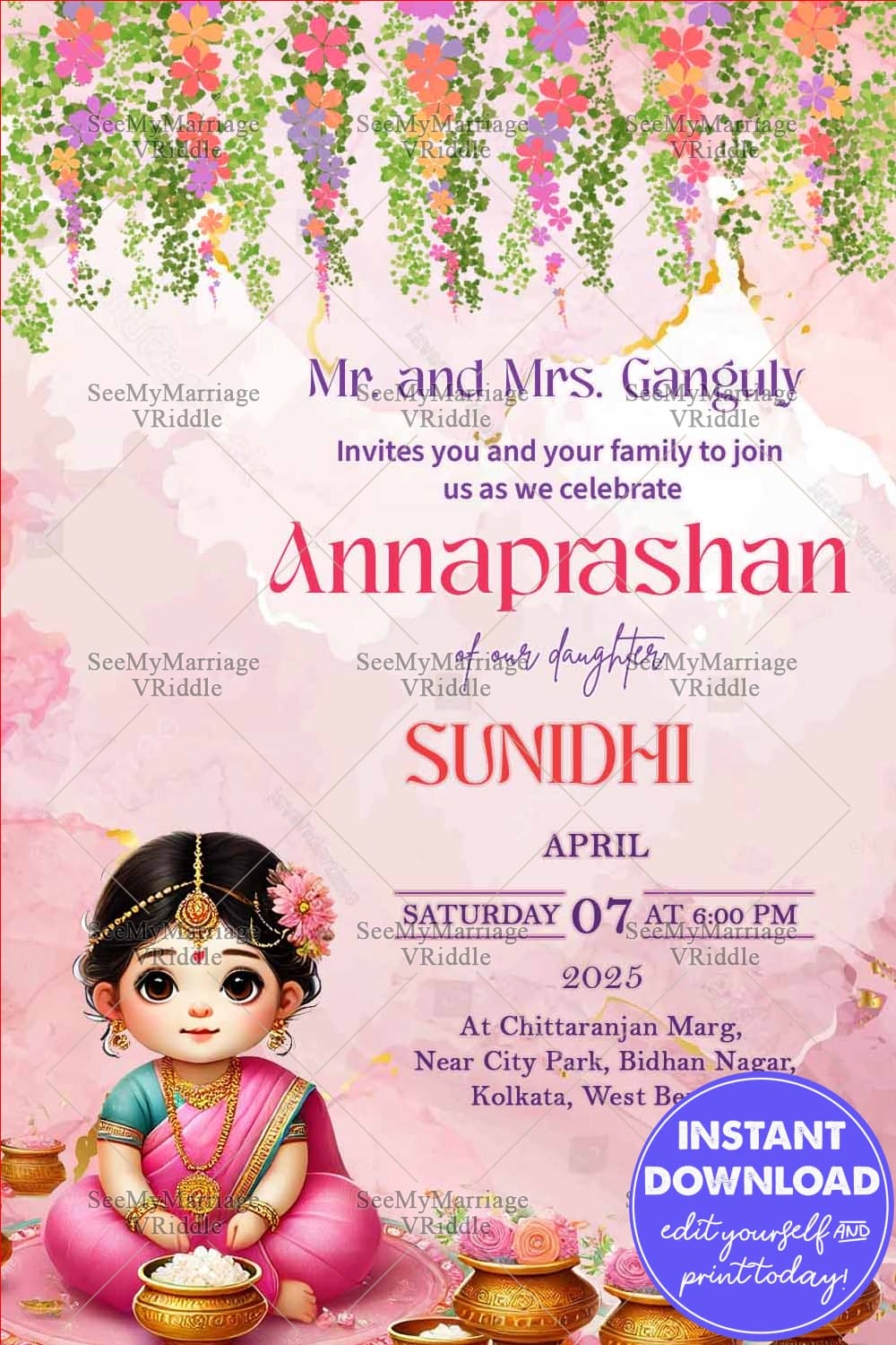 Colorful Annaprashan Invitation with Baby Girl Illustration