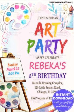 Colorful Art Party Invitation for 5th Birthday with Paint Palette and Artistic Details