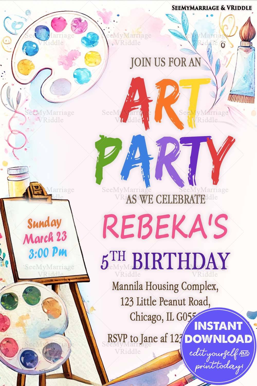 Colorful Art Party Invitation for 5th Birthday with Paint Palette and Artistic Details