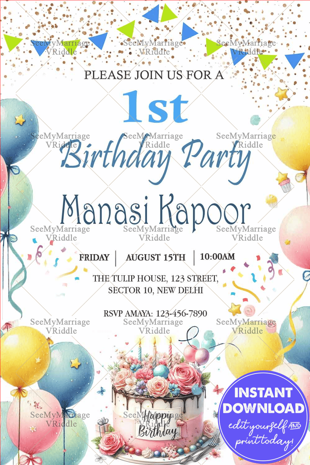 Colorful Balloons First Birthday Party Invitation Card
