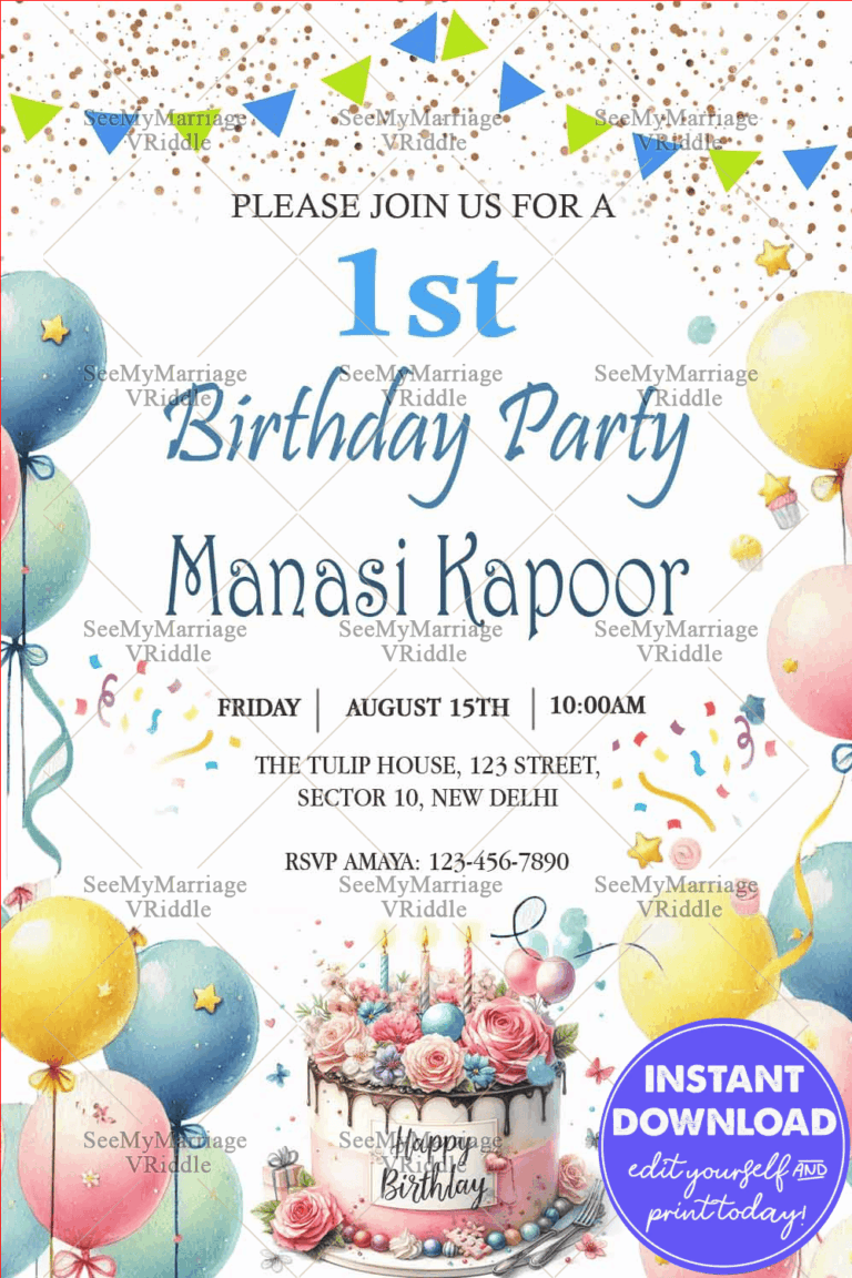 Colorful Balloons First Birthday Party Invitation Card