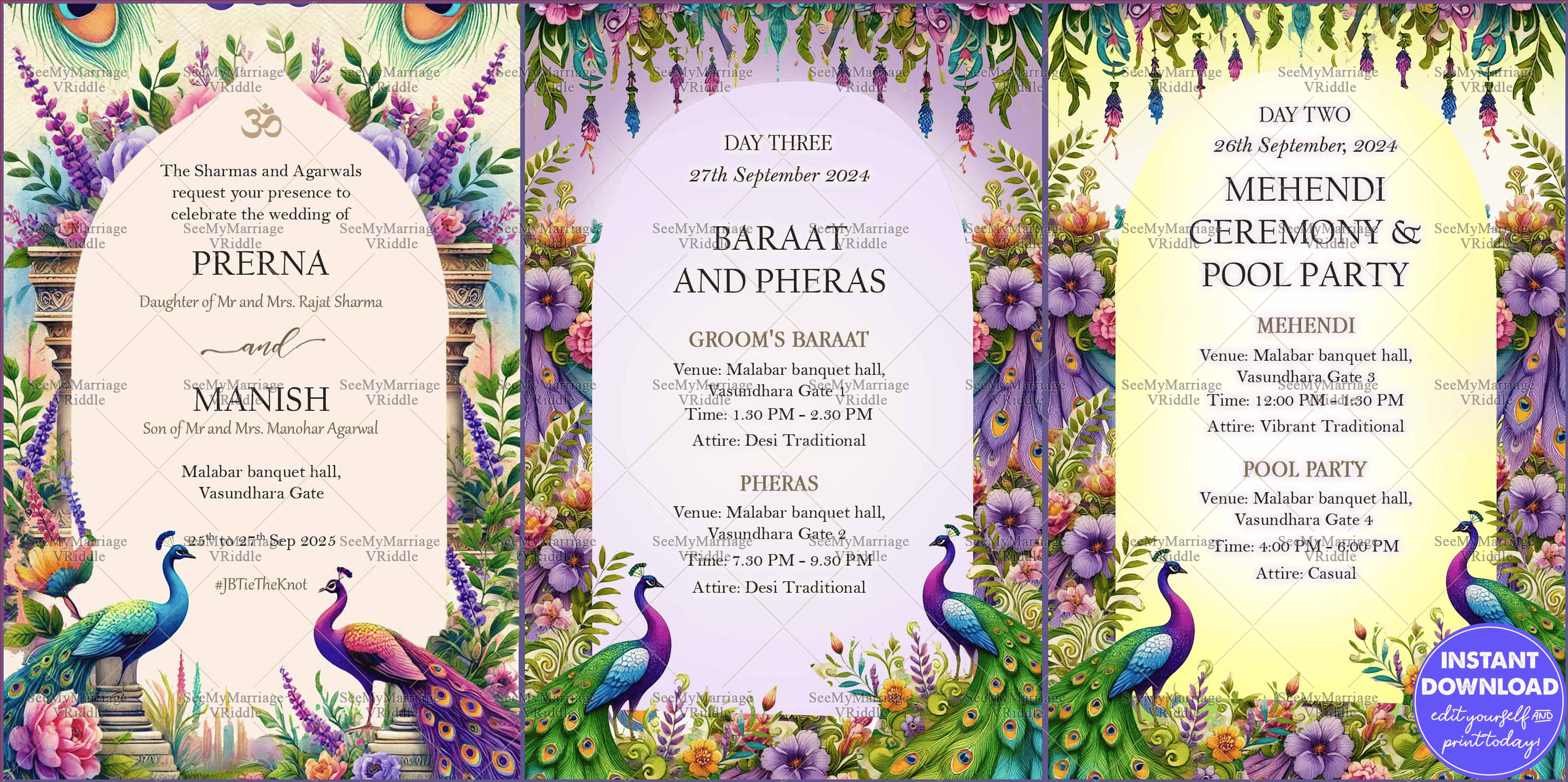 Colorful Indian Wedding Itinerary with Three Day Schedule Design, Peacock Motifs and Floral