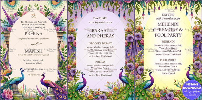 Colorful Indian Wedding Itinerary with Three Day Schedule Design, Peacock Motifs and Floral