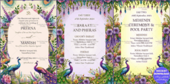 Colorful Indian Wedding Itinerary with Three Day Schedule Design, Peacock Motifs and Floral