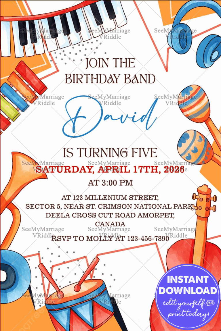 Colorful Kids' Birthday Party Invitation with Musical Instrument Illustrations and Playful Vibes for 5th Celebration