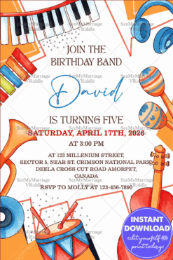 Colorful Kids' Birthday Party Invitation with Musical Instrument Illustrations and Playful Vibes for 5th Celebration