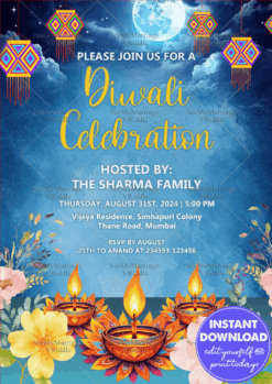 Colorful Lanterns Diwali Celebration Invitation with Floral Diyas