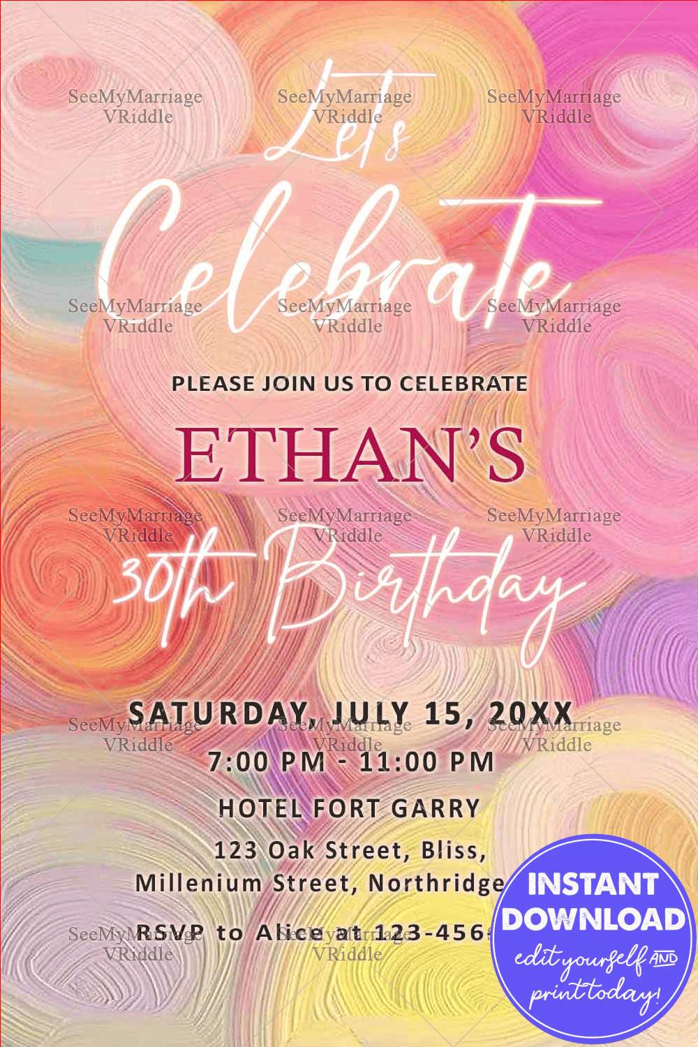 Colorful Pastel Swirl Pattern 30th Birthday Party Invitation
