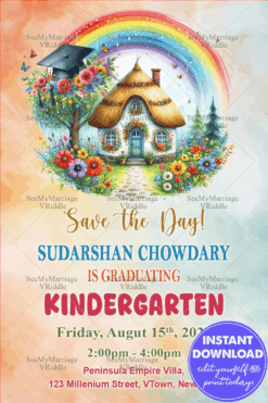 Colorful Rainbow Kindergarten Graduation Invitation with Whimsical Cottage