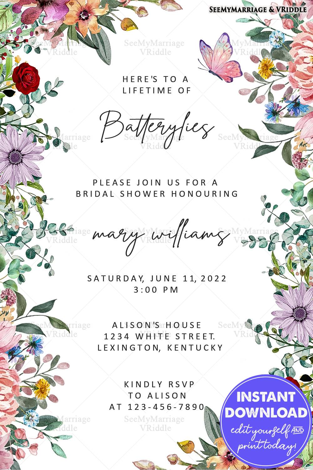 Colourful Bridal Shower Invitation with Butterfly Illustration and Watercolor Blooms