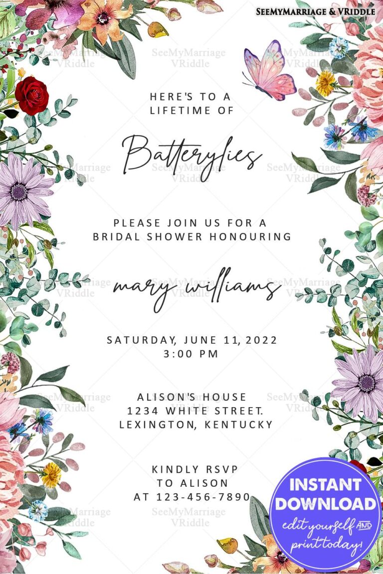 Colourful Bridal Shower Invitation with Butterfly Illustration and Watercolor Blooms