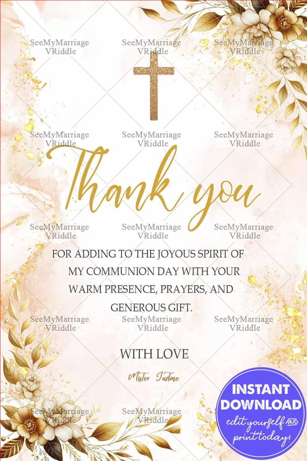 Communion Thank-You Card Golden Cross with Elegant Floral Accents