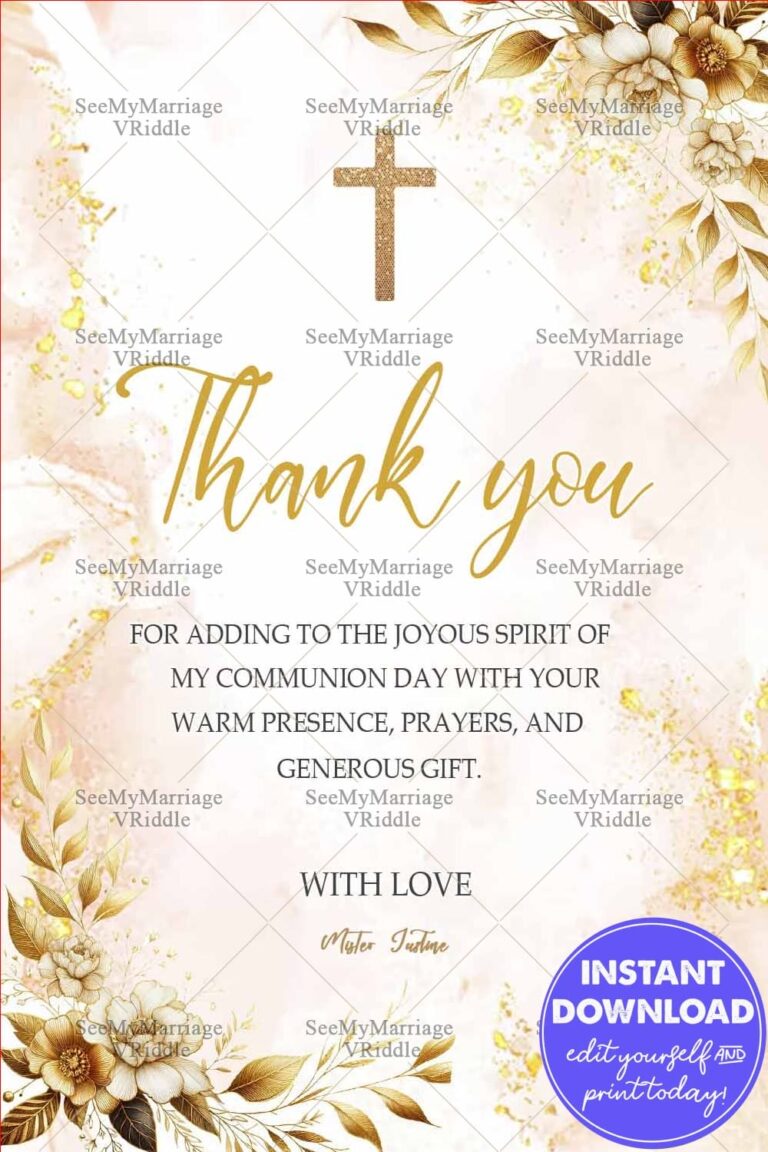 Communion Thank-You Card Golden Cross with Elegant Floral Accents