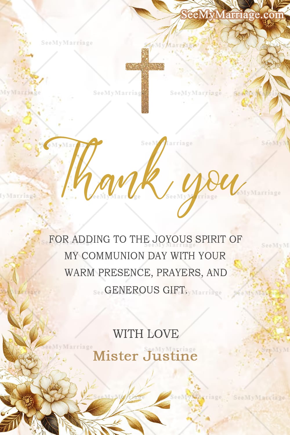 Communion Thank-You Card Golden Cross with Elegant Floral Accents