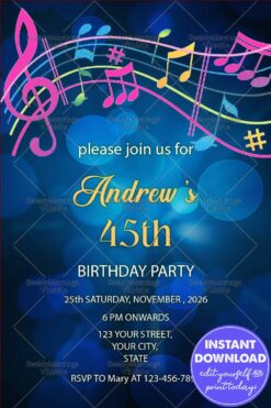 Cosmic Blue Musical Birthday Party Invitation with Neon Musical Notes for a 45th Celebration