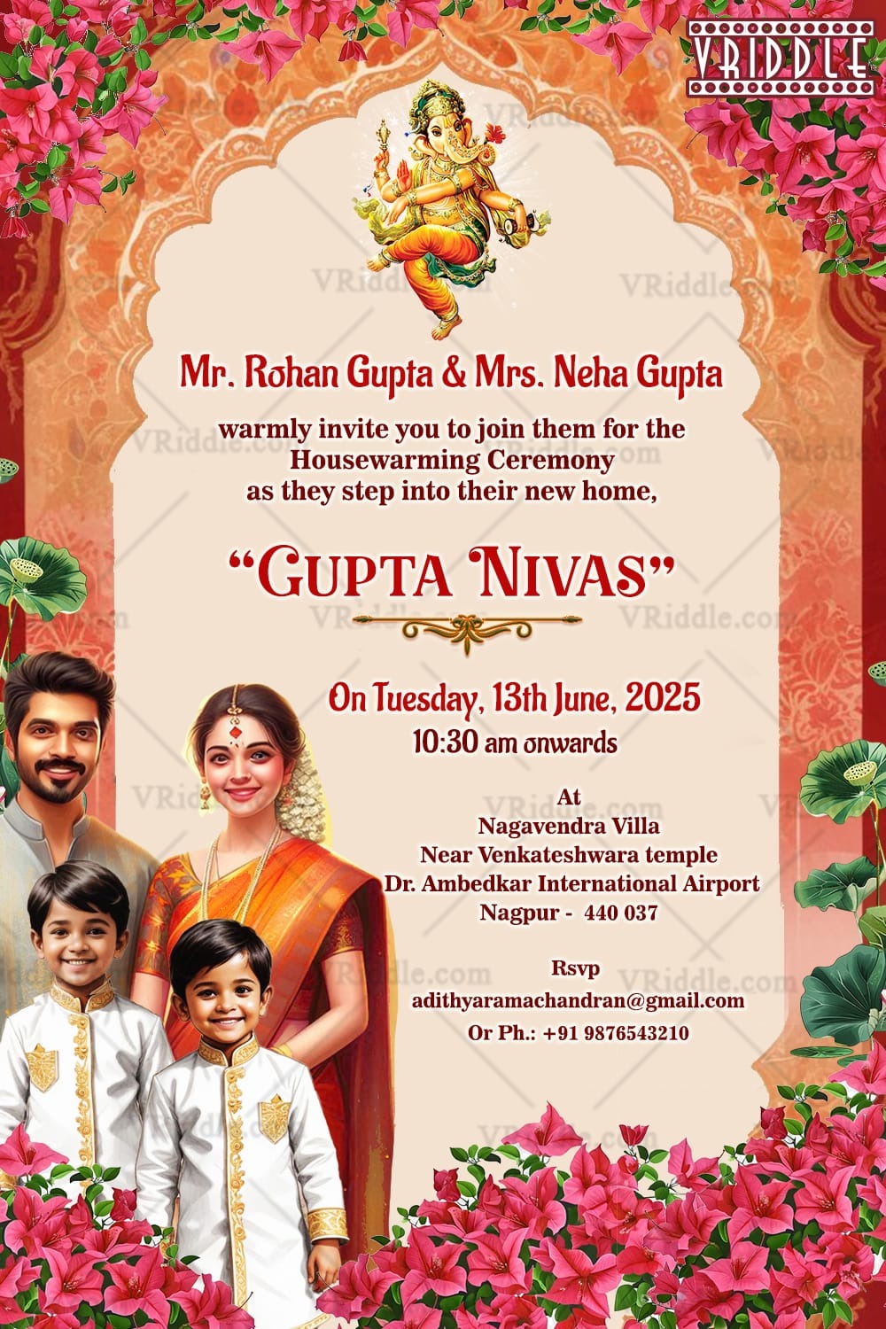 Floral Arch Housewarming Invitation for Gupta Nivas Ceremony