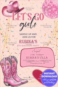 Cowgirl-Themed 8th Birthday Party Invitation with Pink Theme and Disco Ball Decor