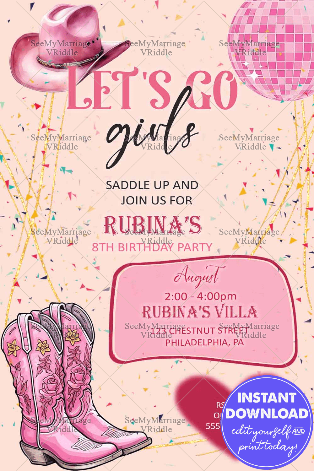 Cowgirl-Themed 8th Birthday Party Invitation with Pink Theme and Disco Ball Decor