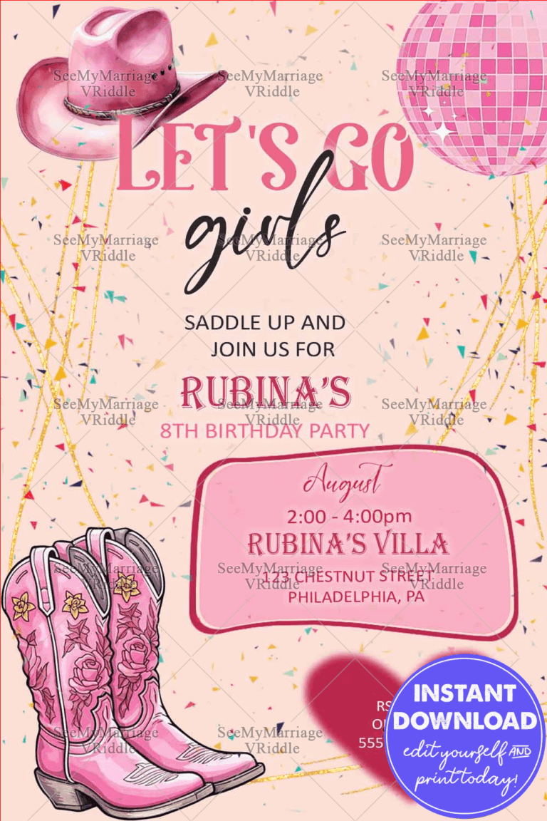 Cowgirl-Themed 8th Birthday Party Invitation with Pink Theme and Disco Ball Decor