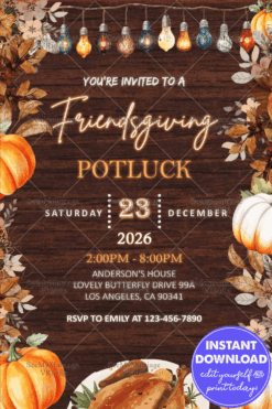 Cozy Friendsgiving Potluck Invitation with Rustic Wood Background Featuring Pumpkins, Autumn Aesthetic and Glowing Lights