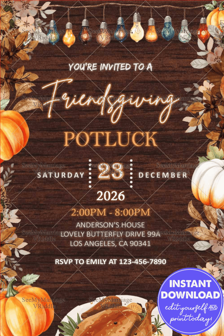 Cozy Friendsgiving Potluck Invitation with Rustic Wood Background Featuring Pumpkins, Autumn Aesthetic and Glowing Lights