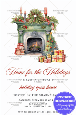 Cozy Holiday Open House Invitation with Festive Fireplace and Red&White Christmas Decor