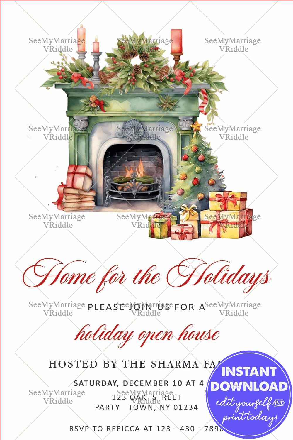 Cozy Holiday Open House Invitation with Festive Fireplace and Red&White Christmas Decor