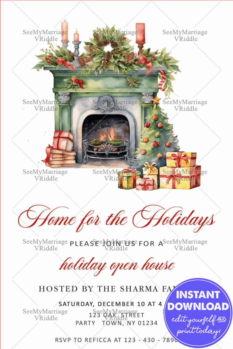 Cozy Holiday Open House Invitation with Festive Fireplace and Red&White Christmas Decor