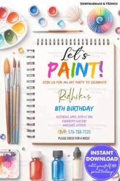 Creative Art-Themed 8th Birthday Invitation with Colorful Paint Supplies and Artistic Elements