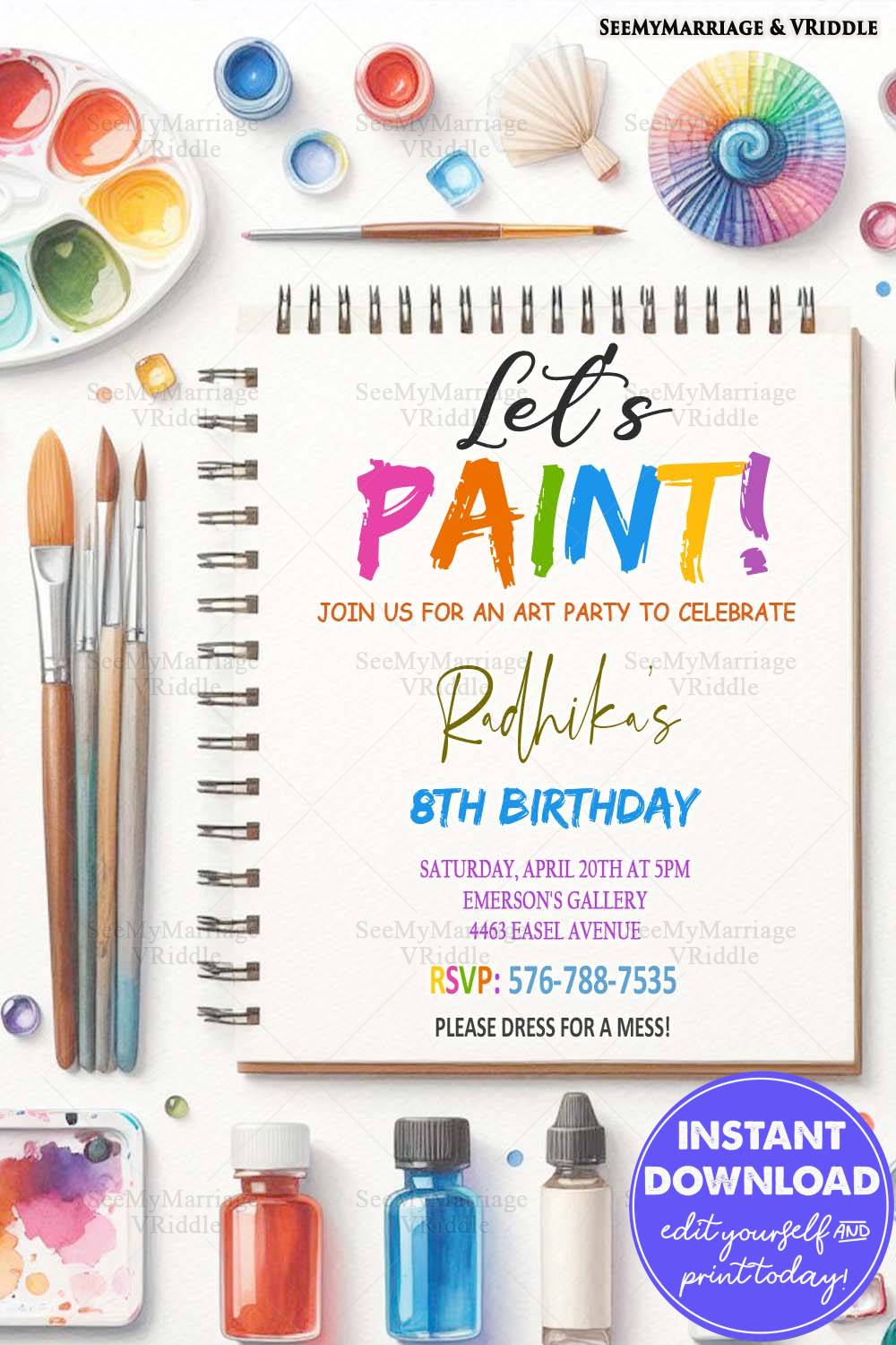 Creative Art-Themed 8th Birthday Invitation with Colorful Paint Supplies and Artistic Elements