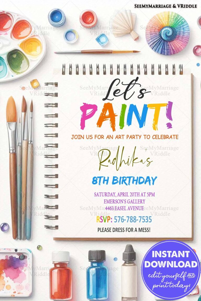 Creative Art-Themed 8th Birthday Invitation with Colorful Paint Supplies and Artistic Elements