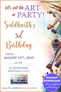 Creative Art-Themed Birthday Invitation with Paintbrushes and Watercolors for a 3rd Birthday Party