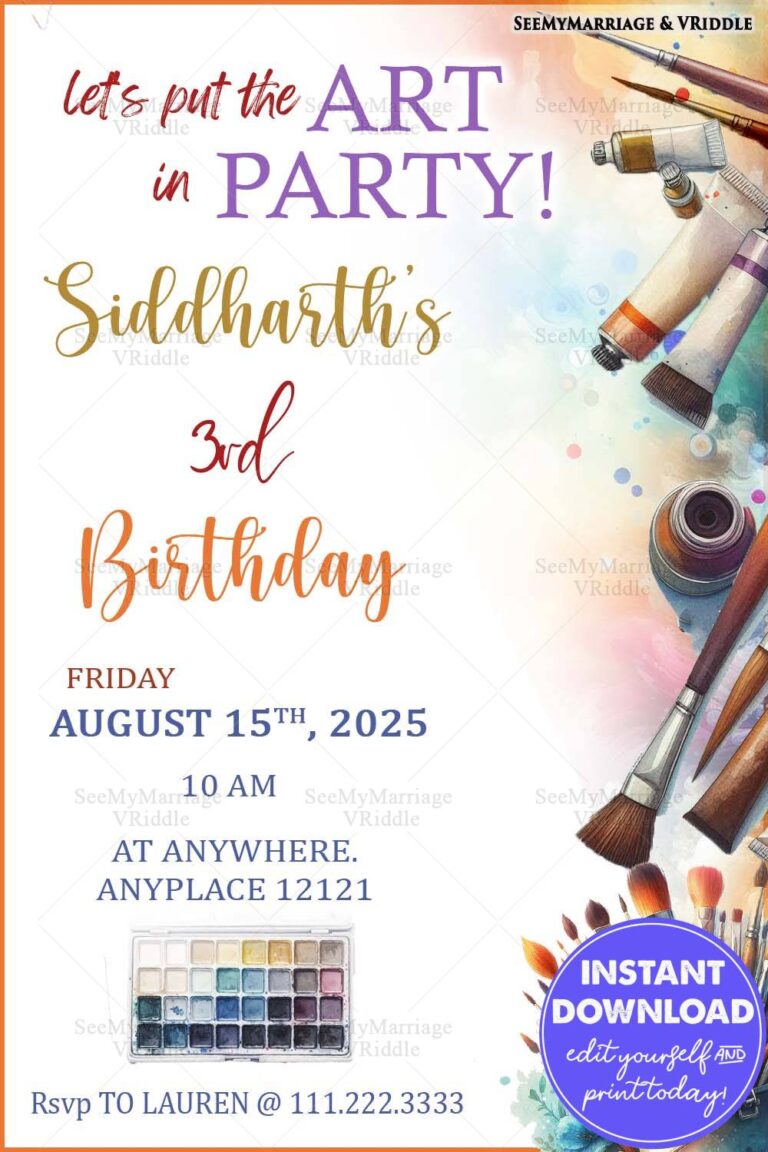 Creative Art-Themed Birthday Invitation with Paintbrushes and Watercolors for a 3rd Birthday Party