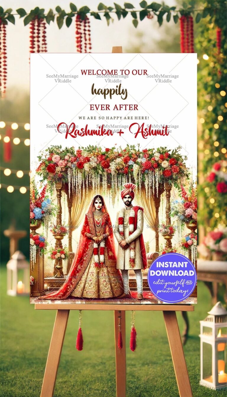 Floral Canopy Wedding Invitation Traditional Bride and Groom with Elegant Backdrop
